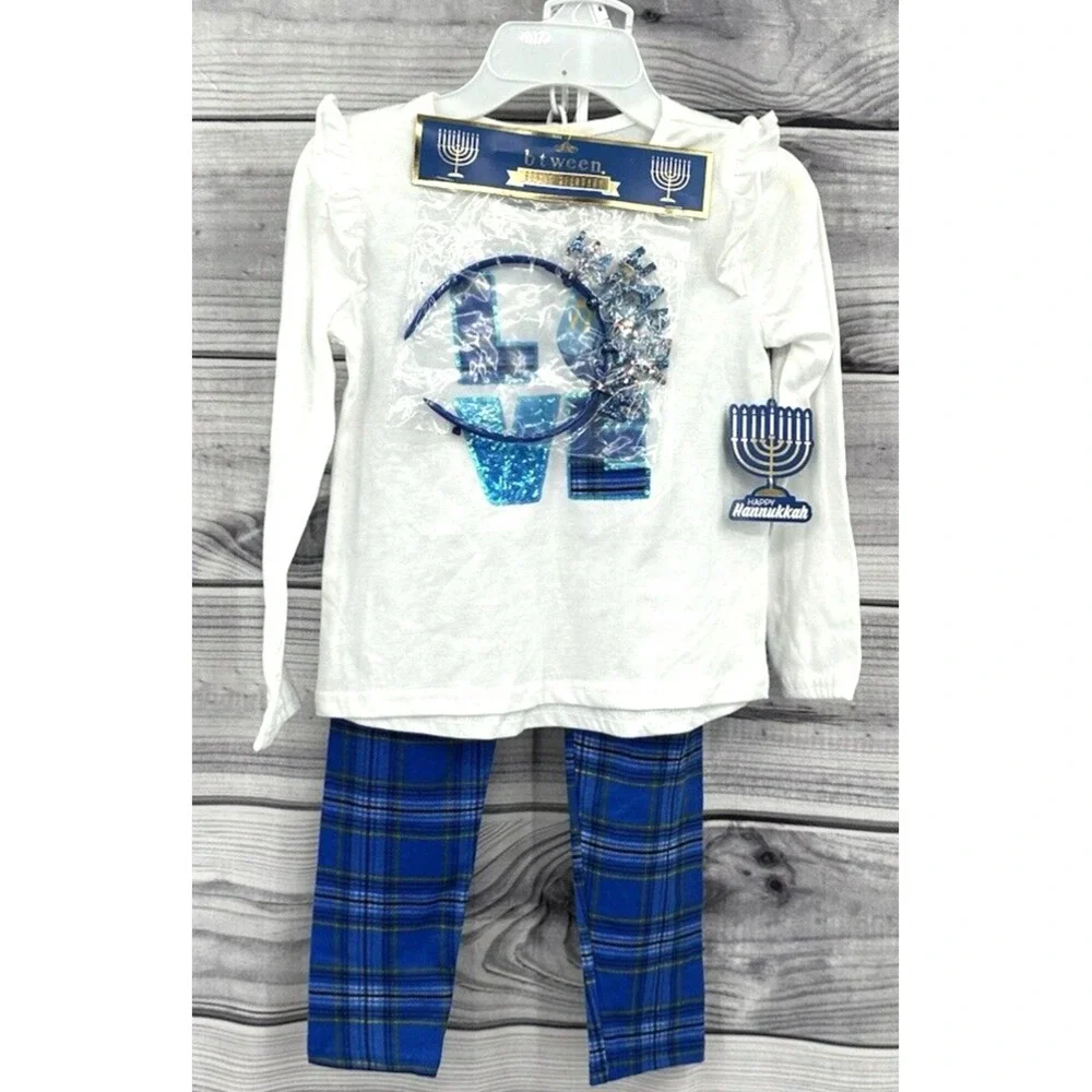 BTWEEN TWO PIECE HANUKKAH OUTFIT‎ WITH HEADBAND Little Girl Size 6 BLUE / WHITE